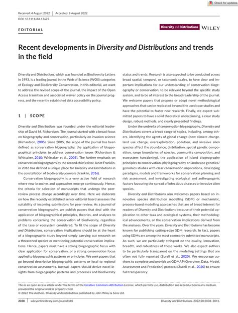 Recent developments in Diversity and Distributions and trends in 